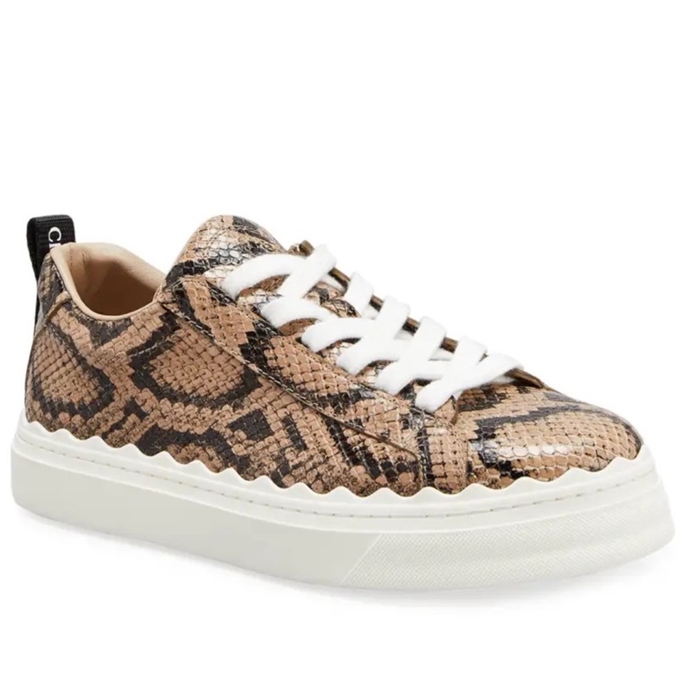 Chloe Snake-Print Low-Top Sneaker in Beige and Black